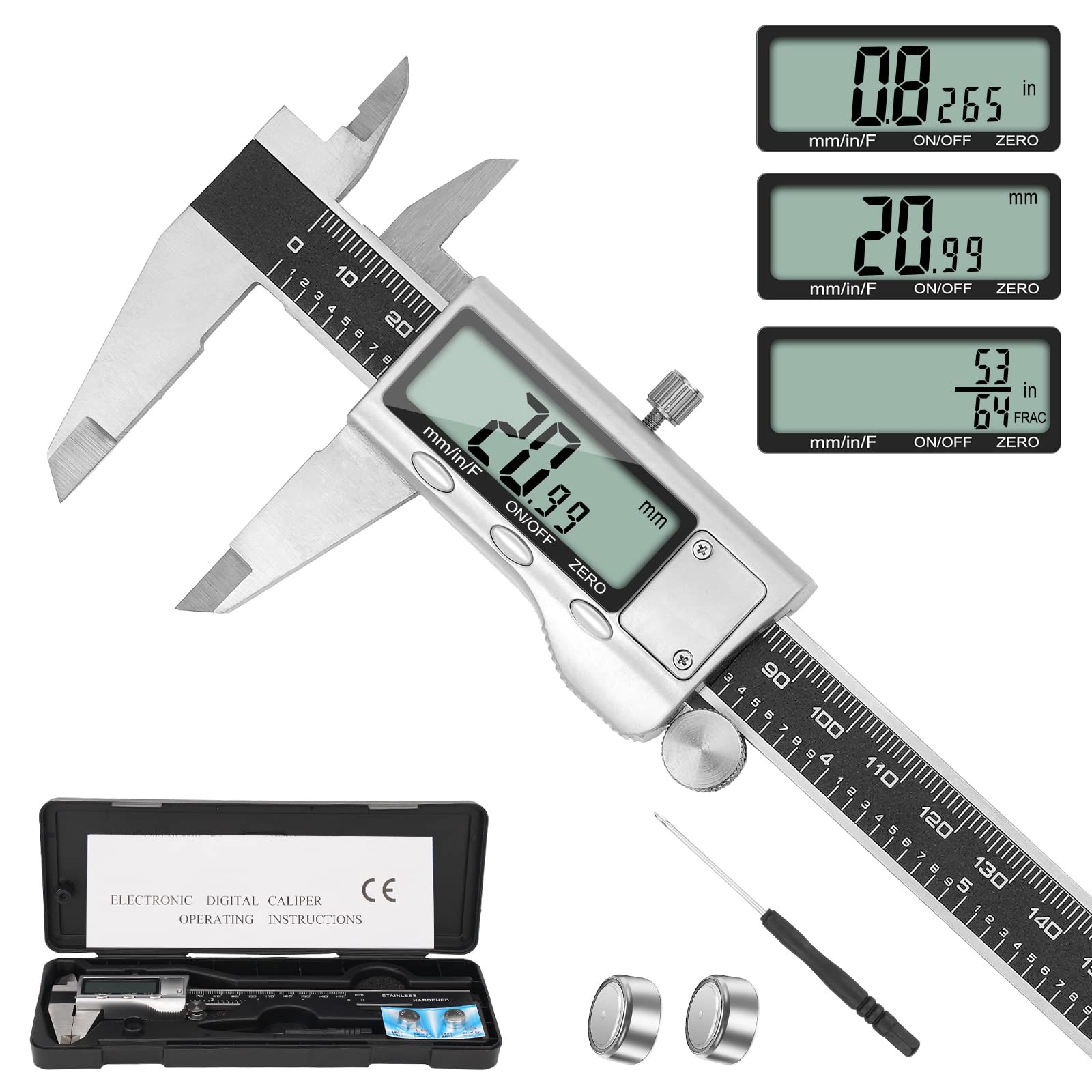 Digital Caliper Measuring Tool 6 Inch Large LCD Screen Stainless Vernier