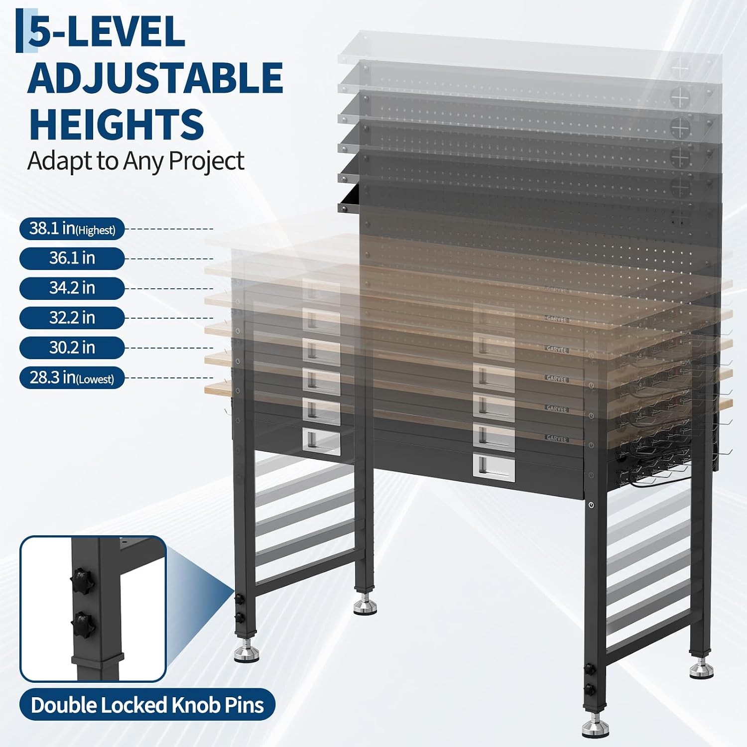 48"x 24"Workbench with Drawer,LED Light&Back Panel,6-Level Adjustable Height