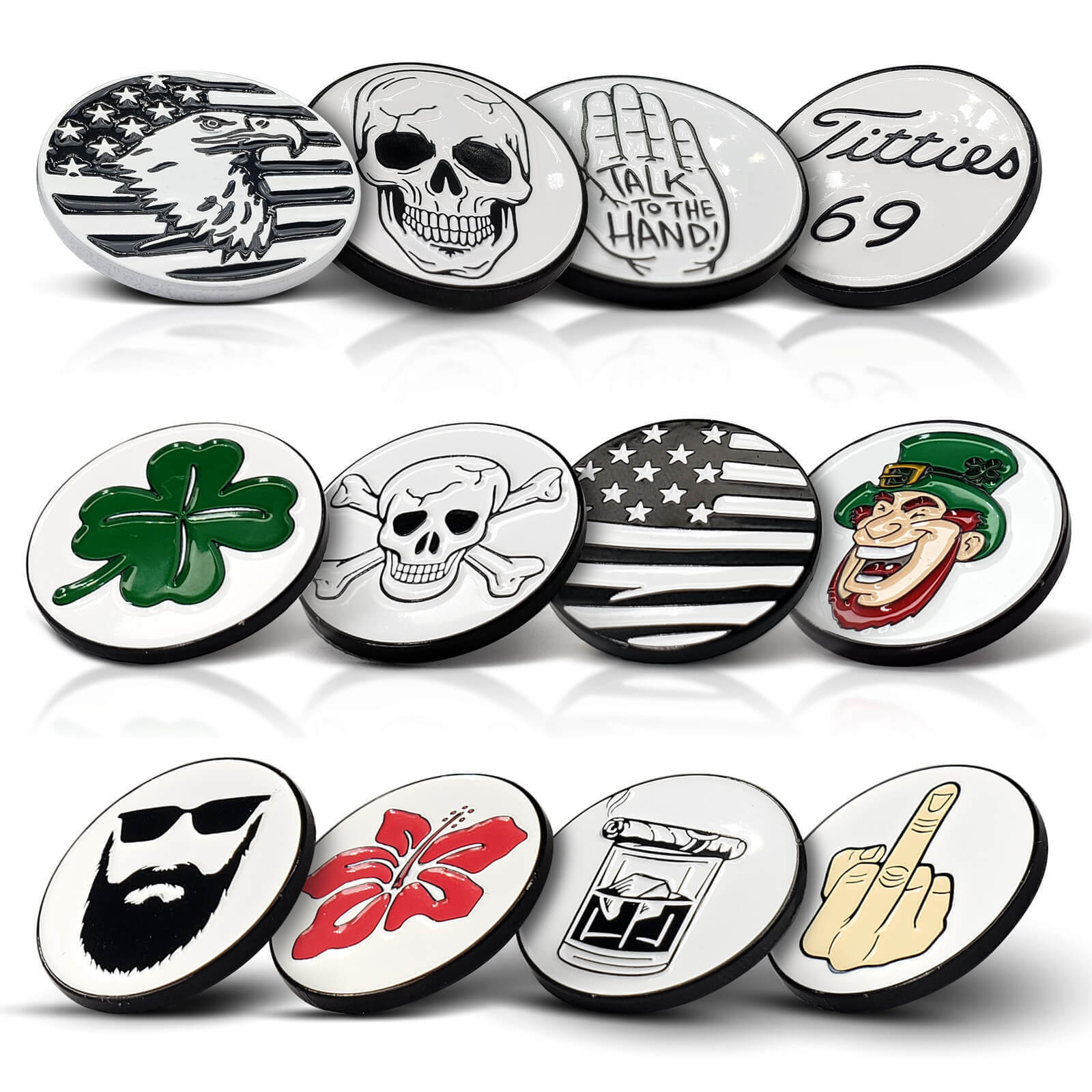 Ball Tatt - Golf Ball Markers Die-Struck Metal, Enamel Coated, Hat Clips