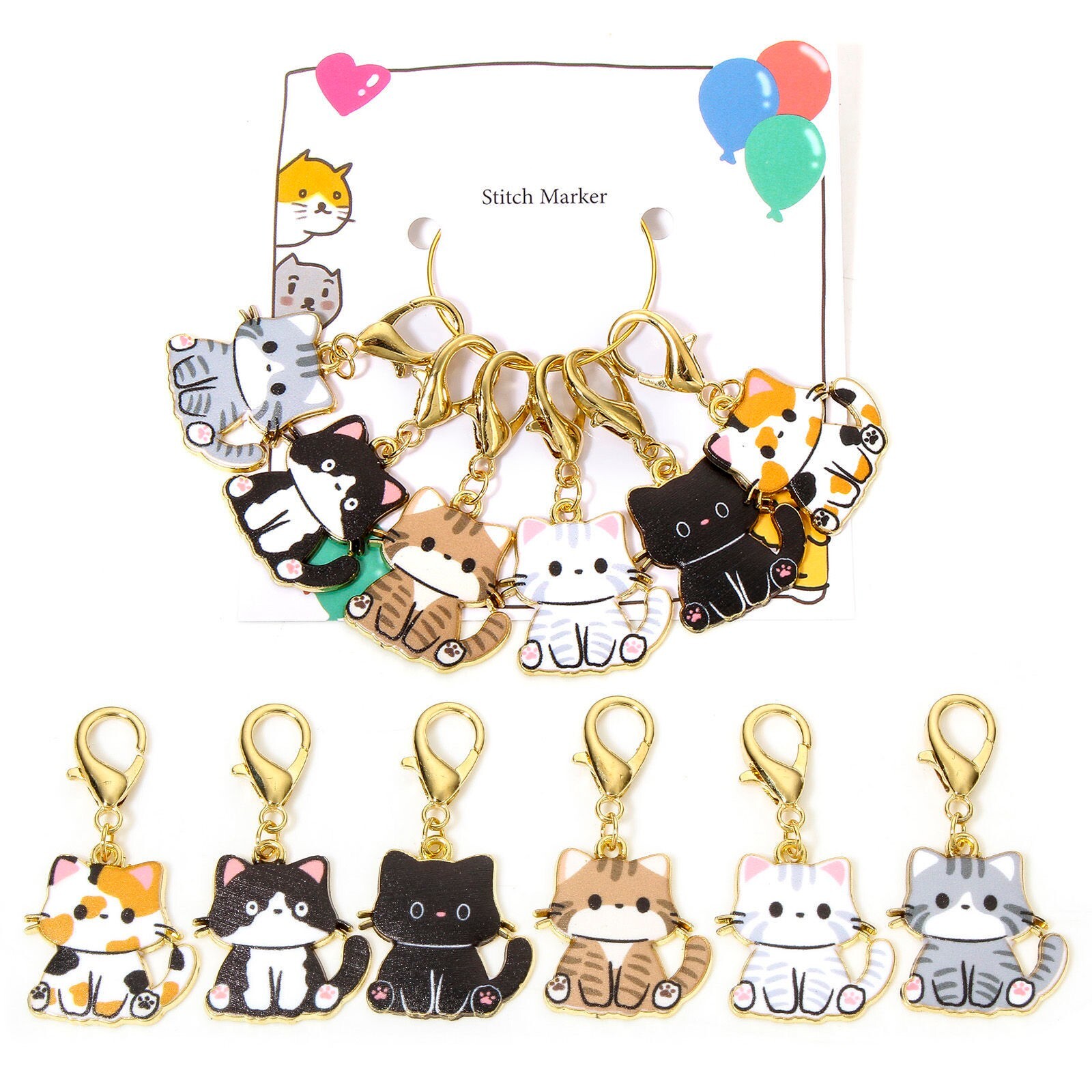 6 Cat Charms Clip-on Stitch Markers Purse Bracelet Knitting Crochet Set of 6