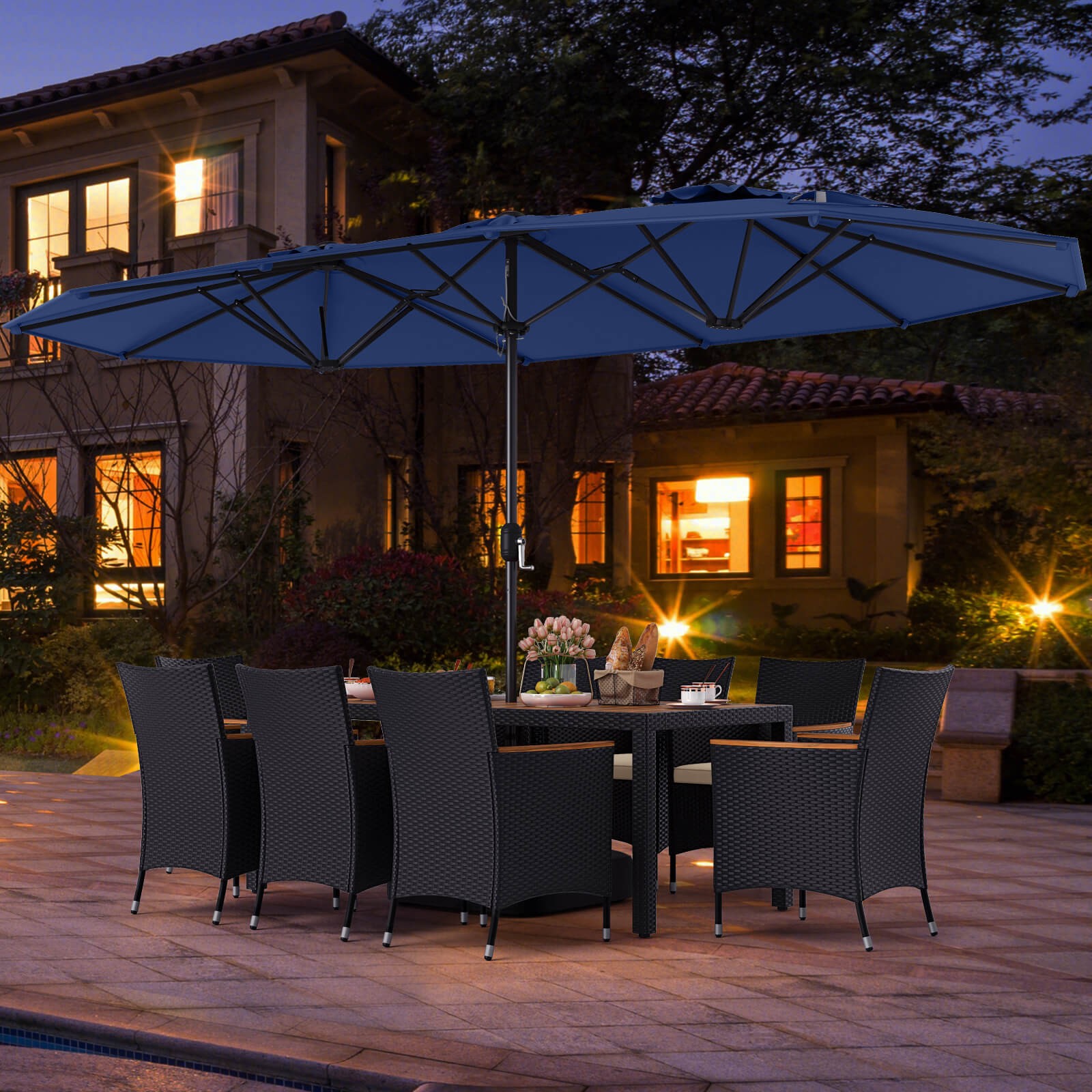 11PCS Patio Wicker Dining Set w/Double-Sided Outdoor Umbrella 8 Stackable Chairs