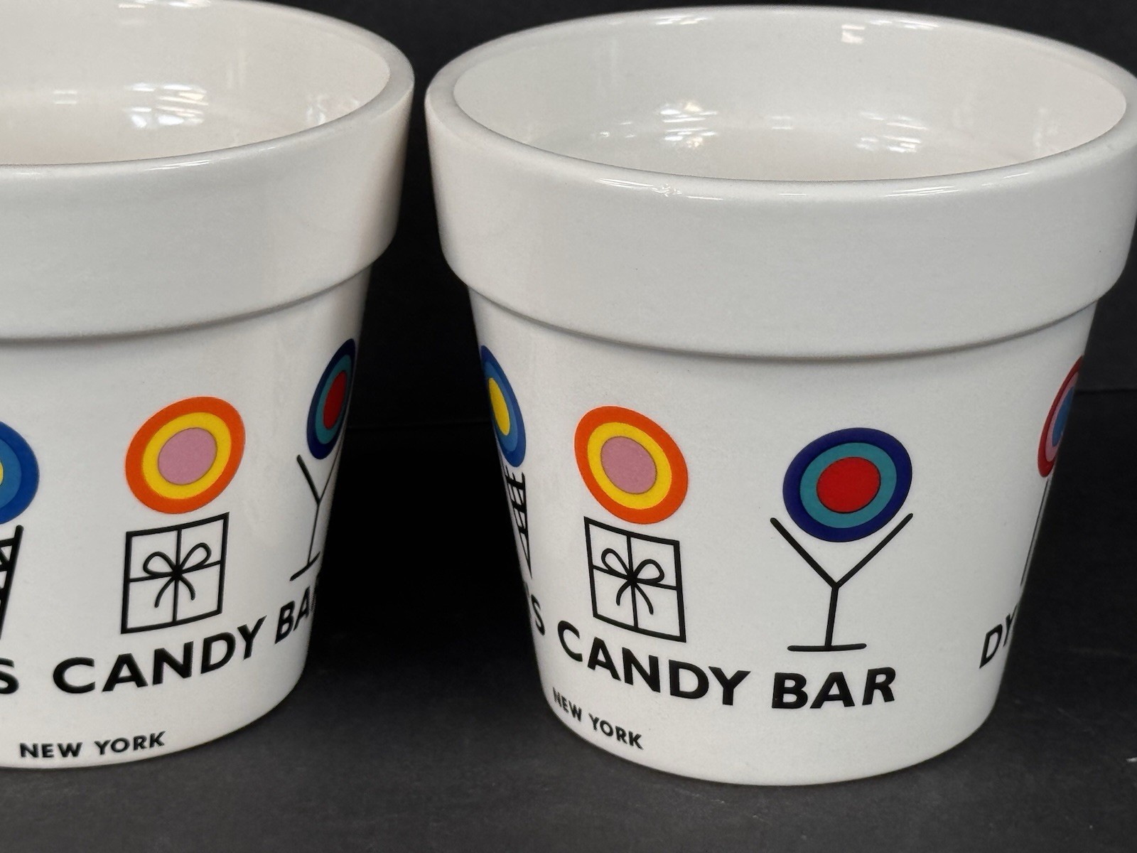 Set 2 Dylan’s Candy Bar Ceramic Flower Pot Planters White Colorful Logo