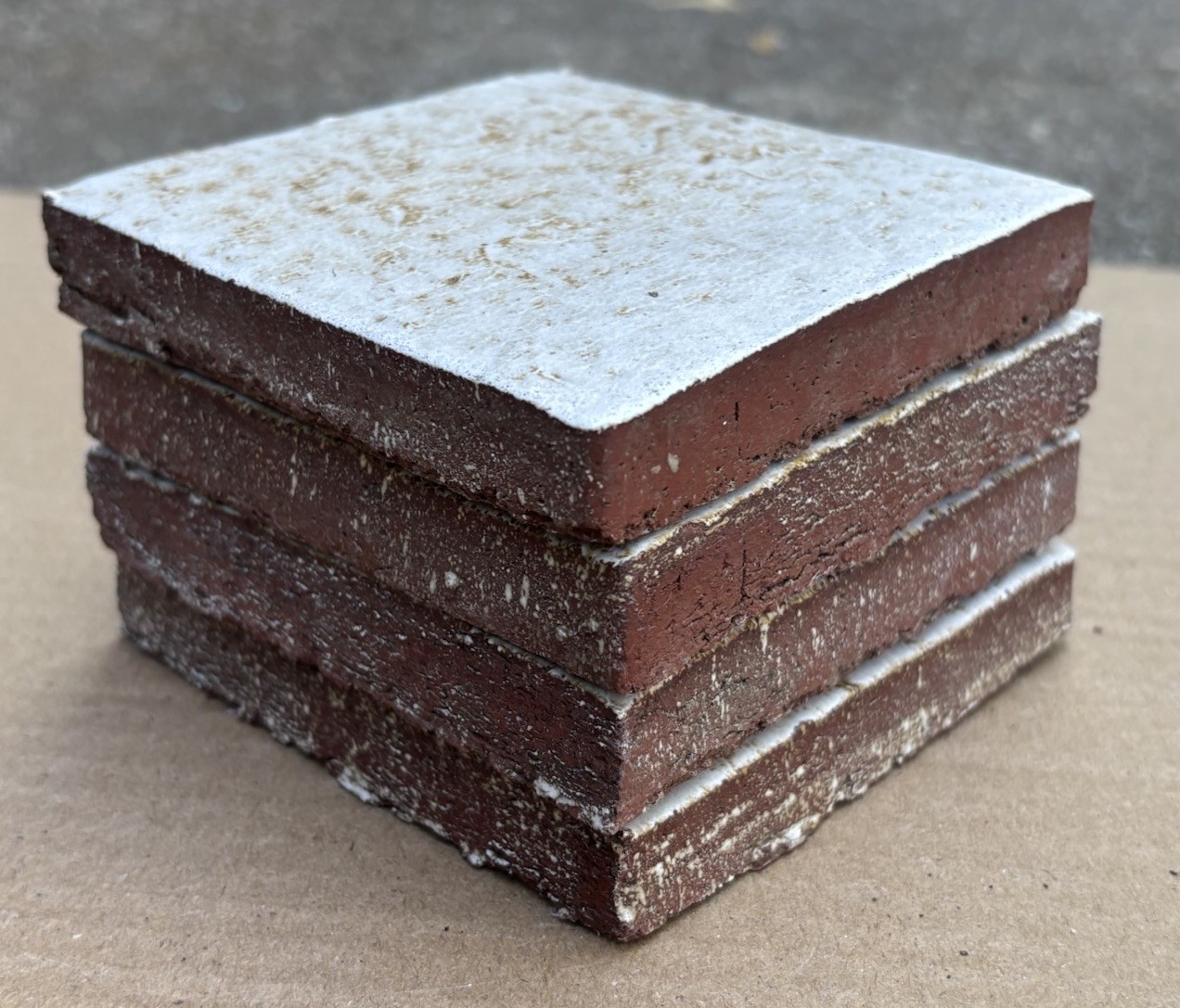 4 Vintage Hand Made Mottled Glazed Field Tile THICK 3 7/8"sq Set of 4 NOS #A