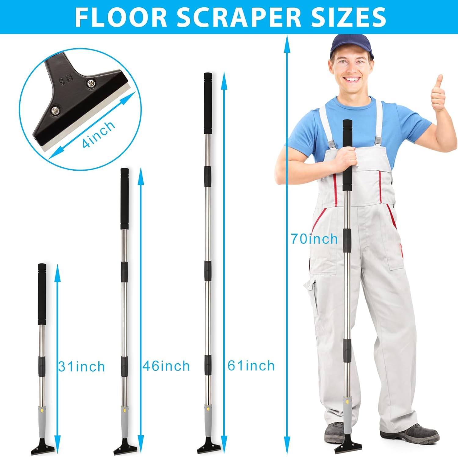 Long Handle Floor Scraper Tool 4 Inch Razor Blade Adjustable for Tile Glue Paint