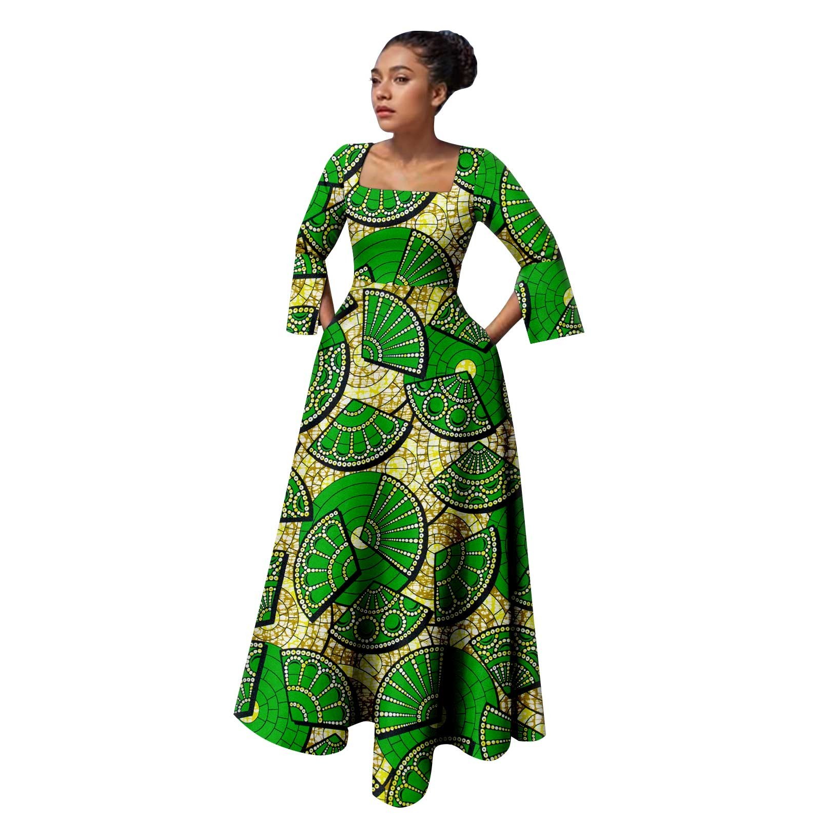African Ankara Print Dress for Women Wax Print Square Collar Dress  2525003