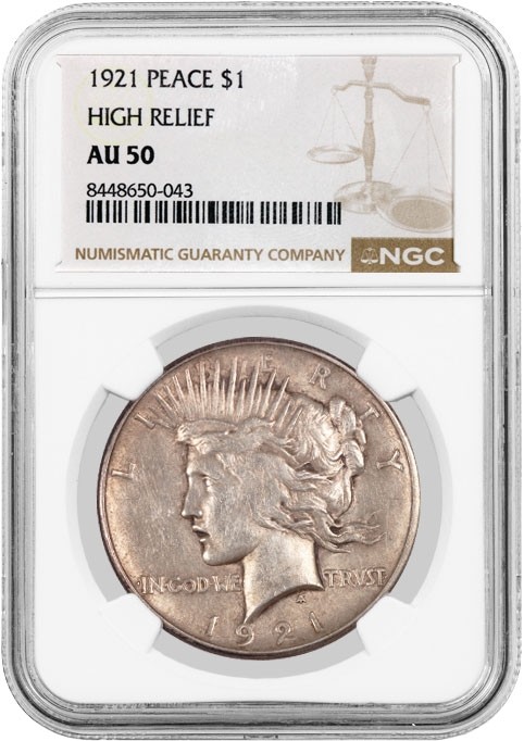 1921 High Relief $1 Silver Peace Dollar NGC AU50 About Uncirculated Key Date #43