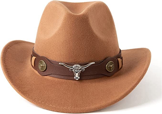 Camel, Brown Western Cowboy, Cowgirl Hat, Bull Horns Strap, Men Women Wide Brim