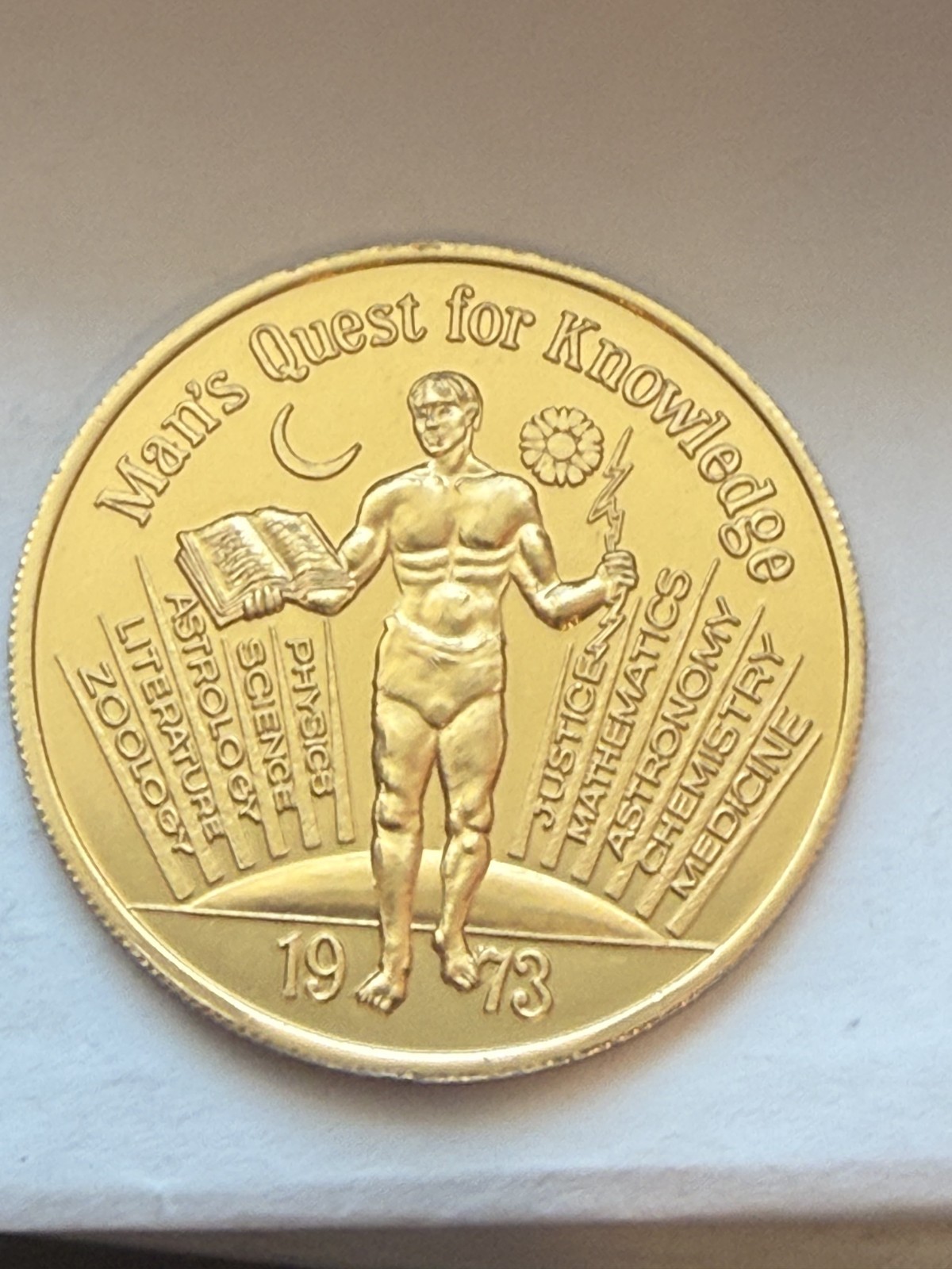 Krewe of Thoth Gold Aluminum 1973 Doubloon, Man's Quest for Knowledge (1F)