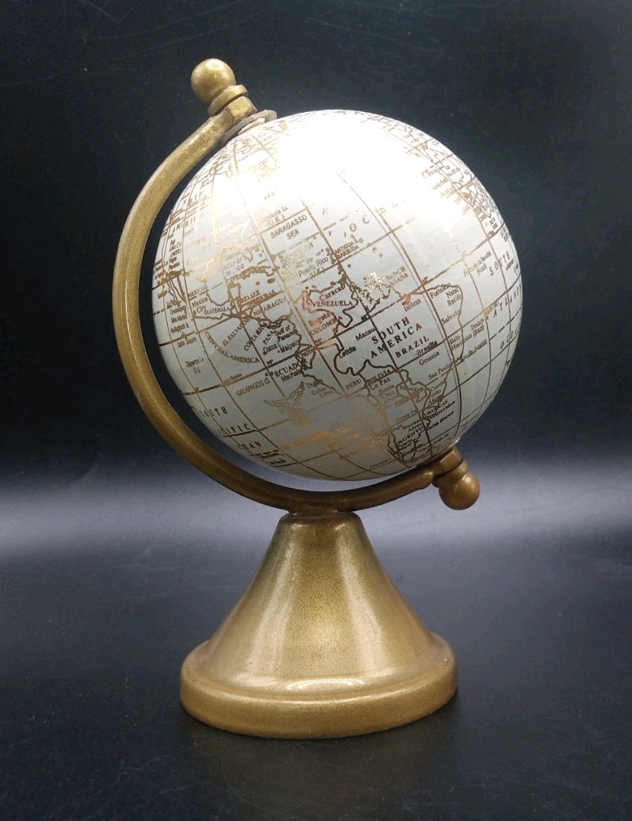 Decorative White and Gold Mini Tabletop Globe, Rotating Metal Base, 5-1/4" Tall