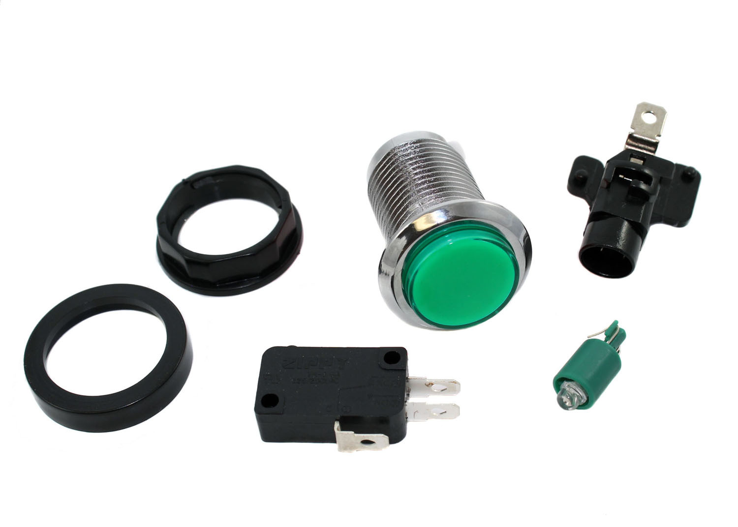 Green LED Arcade Pushbutton with Chrome Bezel