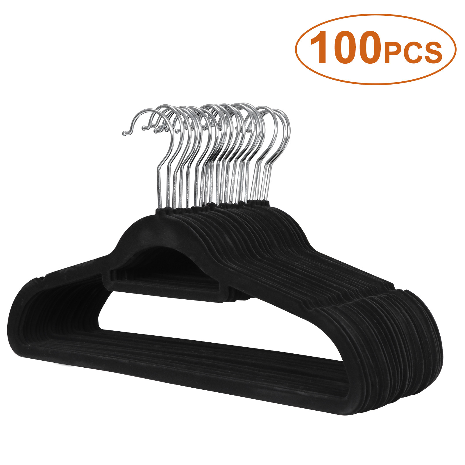 100PCS Non Slip Velvet Clothes Suit/Shirt/Pants Velvet Hangers Black 360 Degree