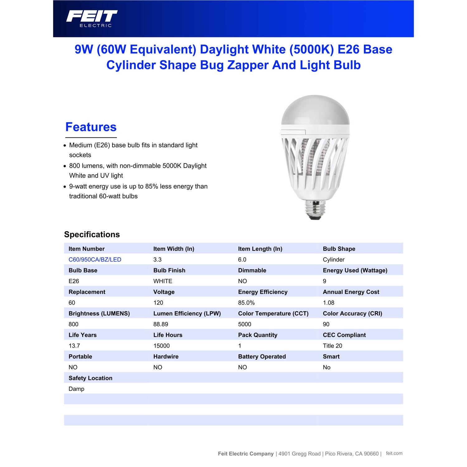 Feit Electric A19 E26 (Medium) LED Bug Zapper Bulb Daylight 60 W