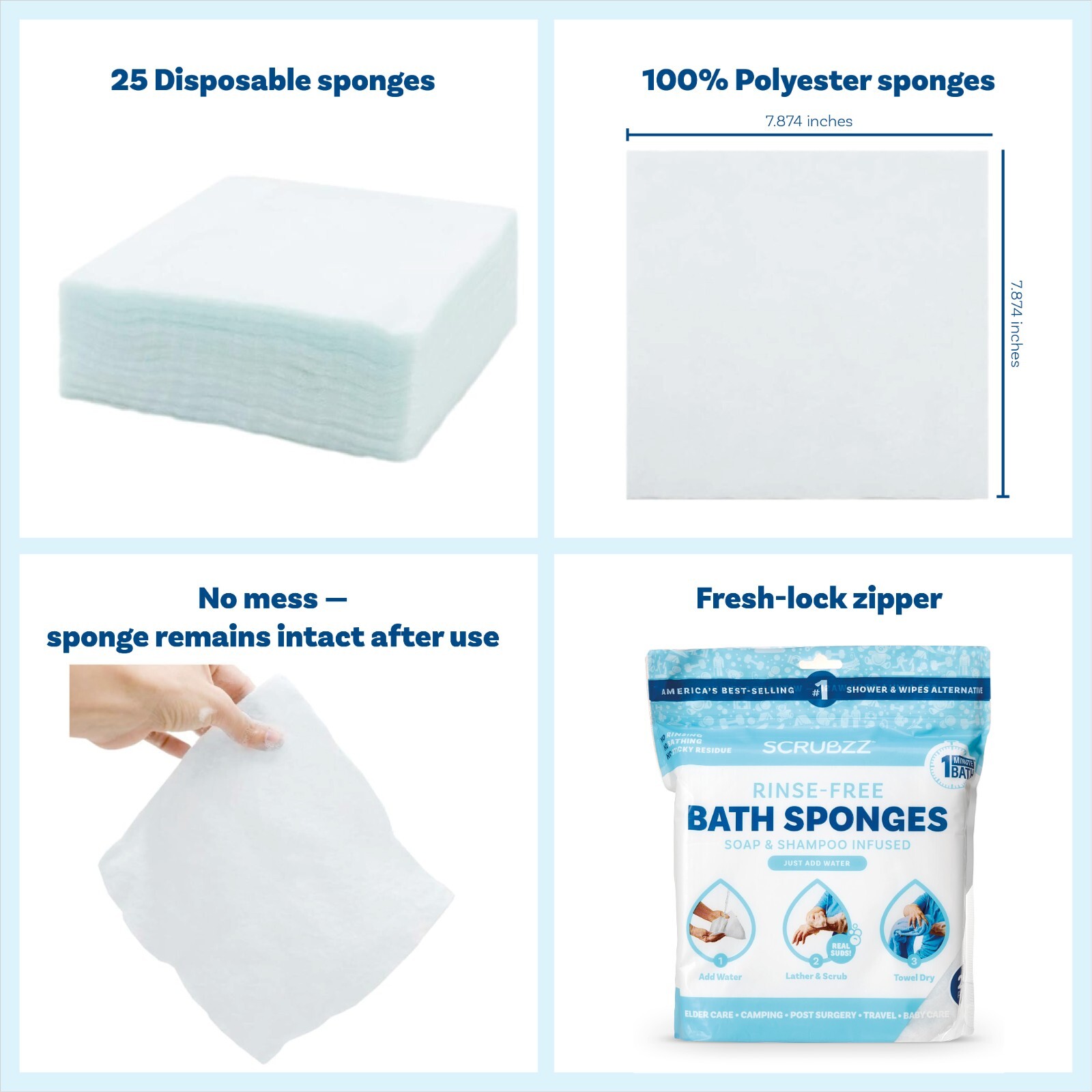 Scrubzz Disposable Rinse Free Bathing Sponges - Unscented, 200 Count