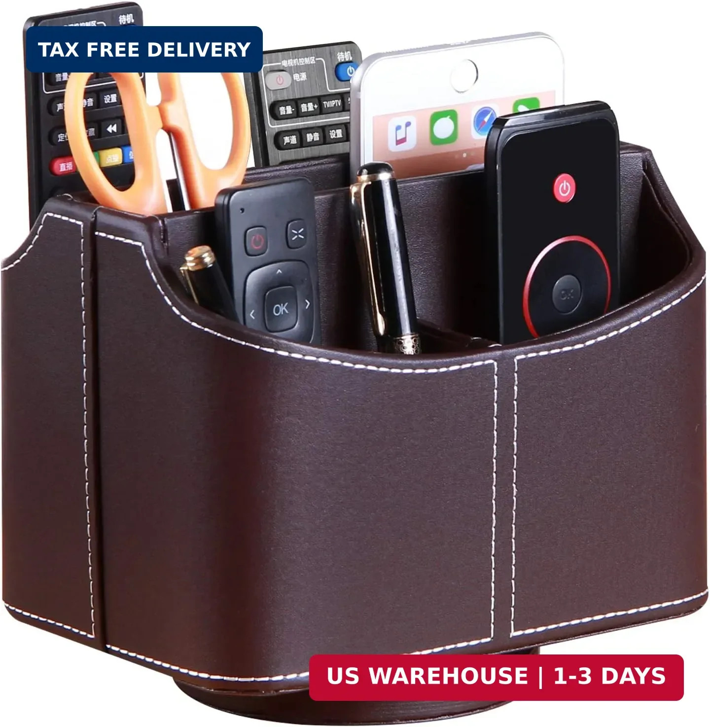 PUSU Remote Control Holder PU Leather 360 Degrees Rotatable Desktop Supply Organ