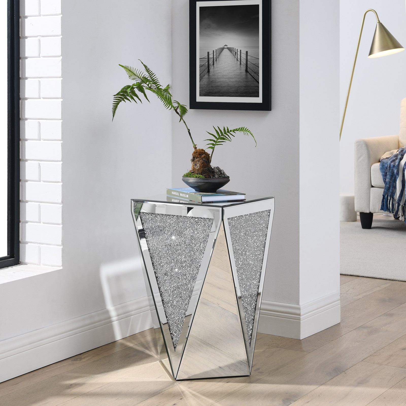 Inverted triangular mirror square table, crystal diamond inlaid coffee table, si