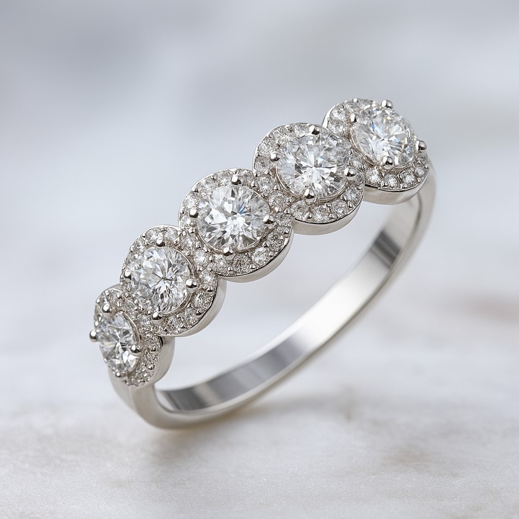Lab Grown Diamond 925 Sterling Silver 5 Stone April Birthstone Halo Ring #1013