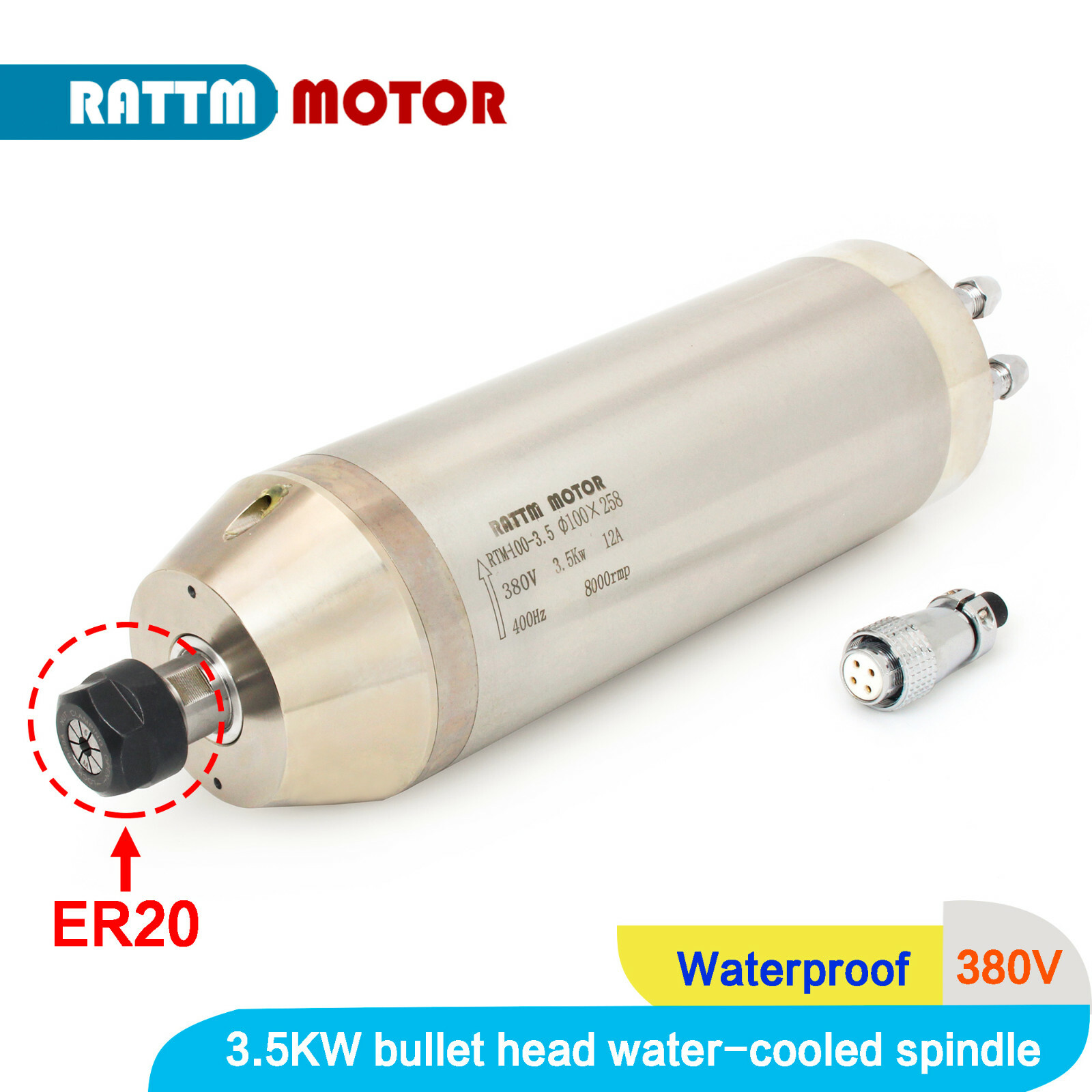 3.5KW ER20 Water Cooled Spindle Motor 4 Bearing 380V 8000rpm 100mm Mould Spindle
