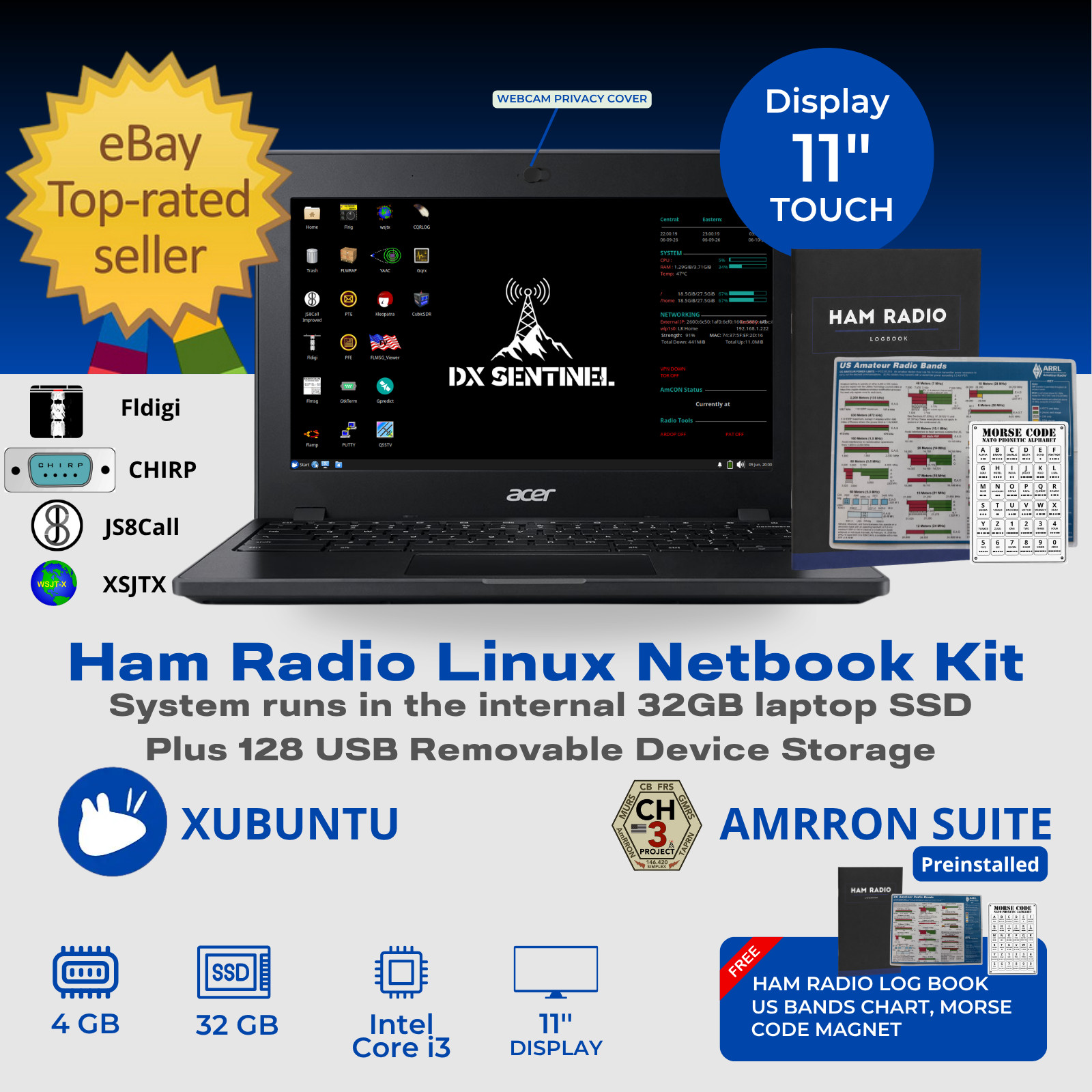 AMRRON Ham Radio 11" i3 Laptop Kit FLDIGI JS8Call 32 + 128GB, Logbook, Touch