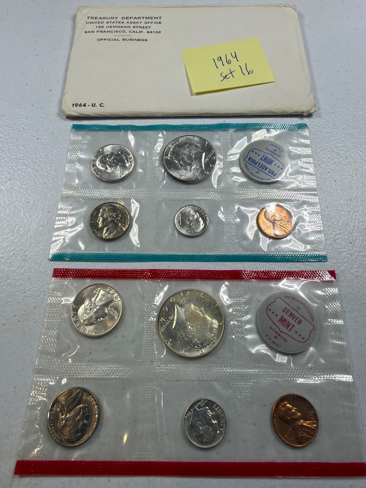 (1) 1964  US MINT SILVER P & D Set,  in all OGP,  w/ 90%  SILVER COINS,   SET 16