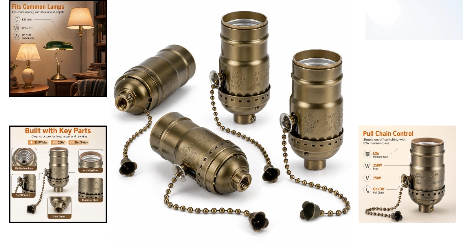 4 Pcs Pull Chain Lamp Socket Replacement, E26 Standard Threaded Base, Light Soc