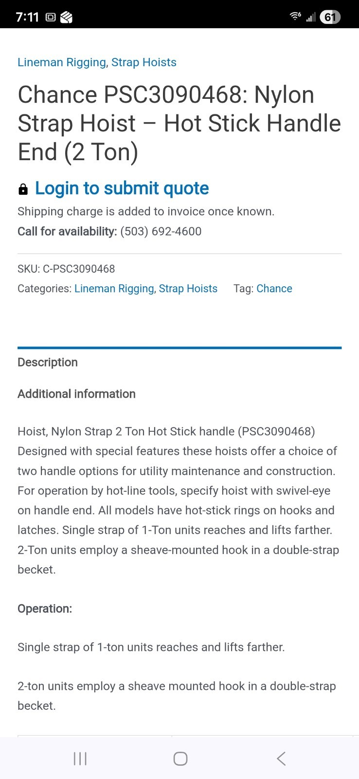 2 Ton Hubbell Chance Strap Hot Hoist