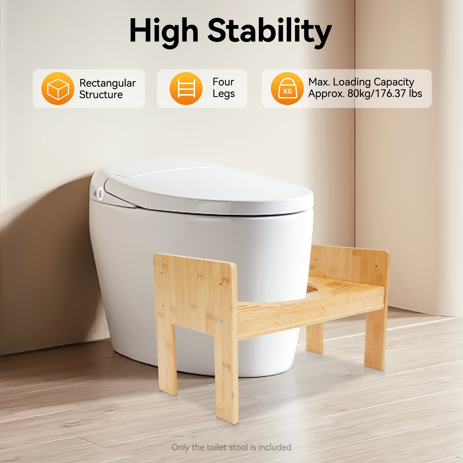 Adjustable Bamboo Toilet Stool Freestanding Rectangular Poop Stool 80kg Load