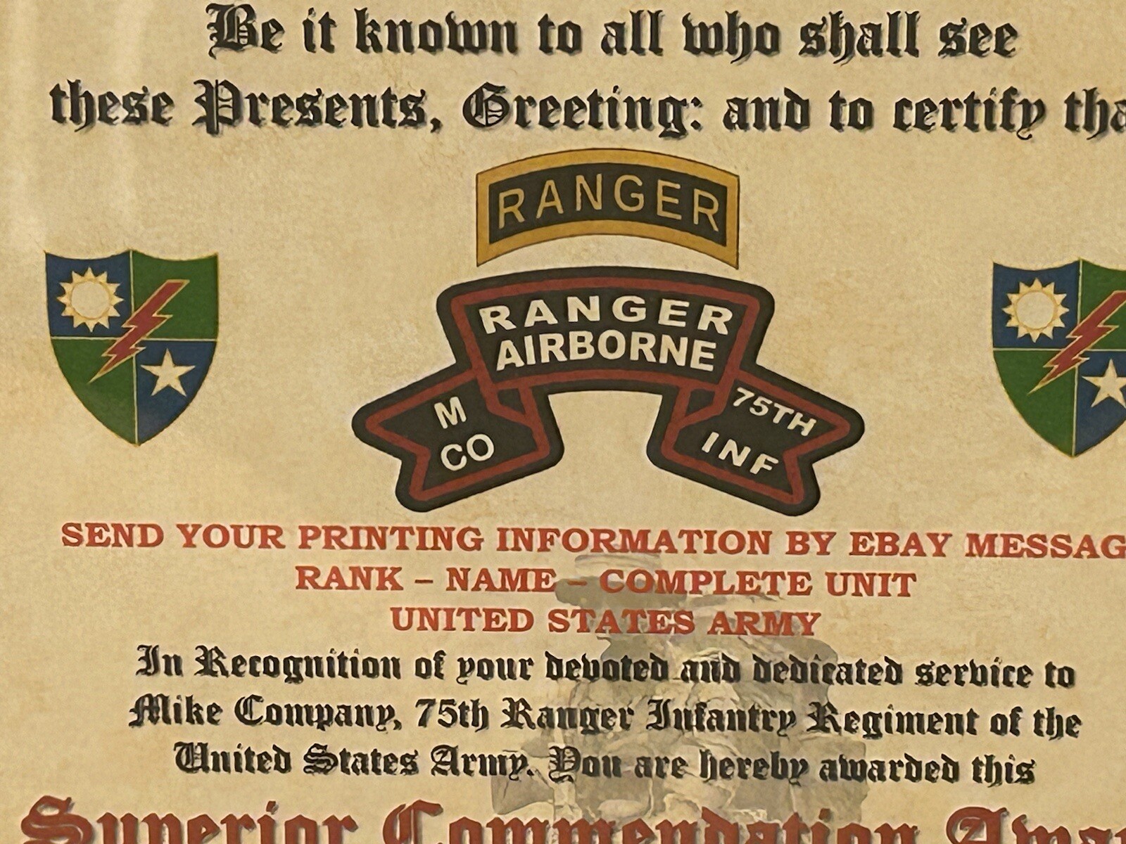 U.S. ARMY - 75TH RANGER / M CO - SUPERIOR COMMENDATION AWARD CERTIFICATE