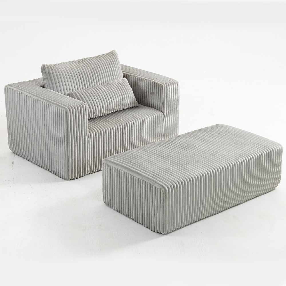Modular Oversized Corduroy Floor Couch with Ottoman, All-Foam Deep-Seat