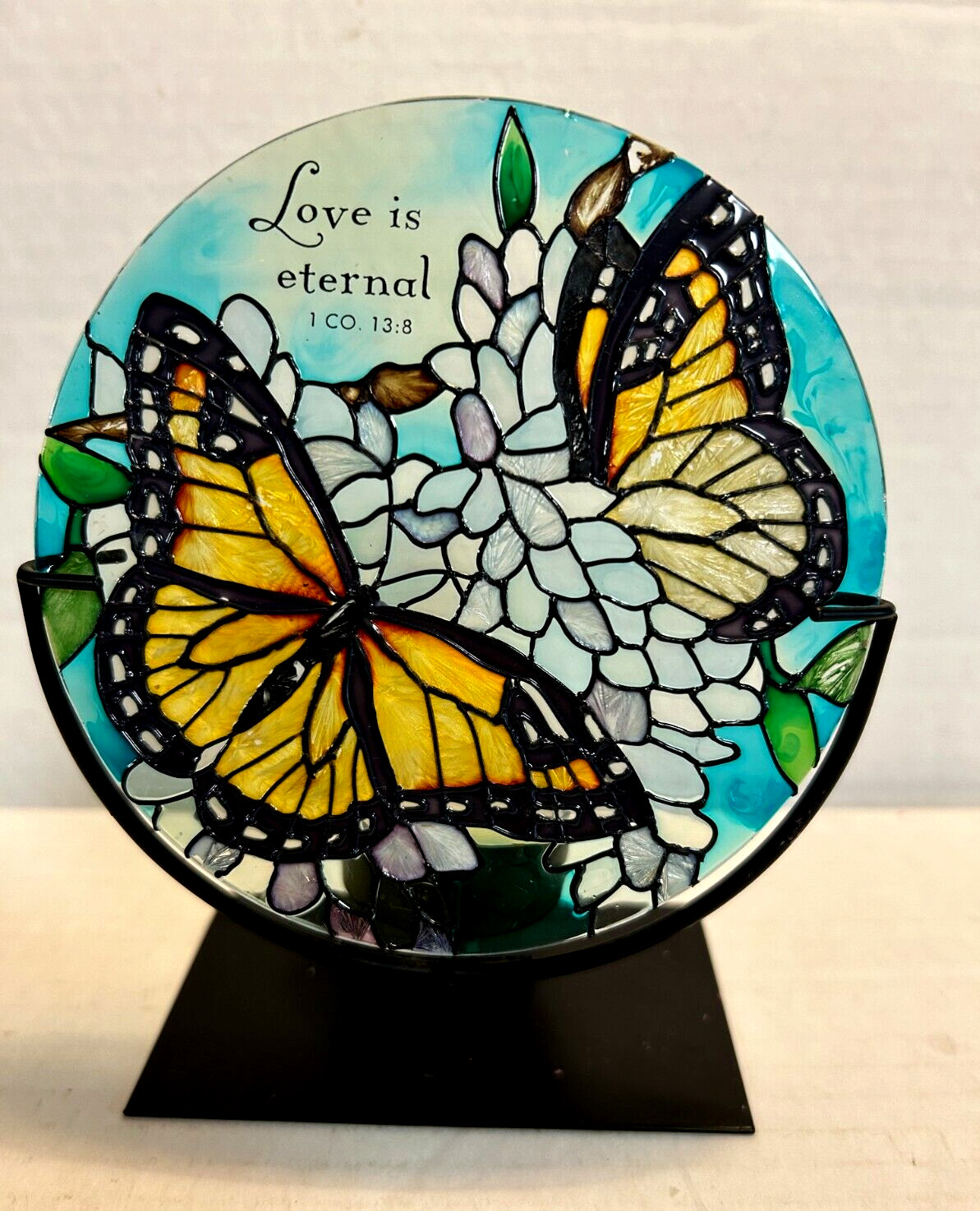 Super Nice "Love is Eternal" Stained Glass Butterflies Round Candle Holder