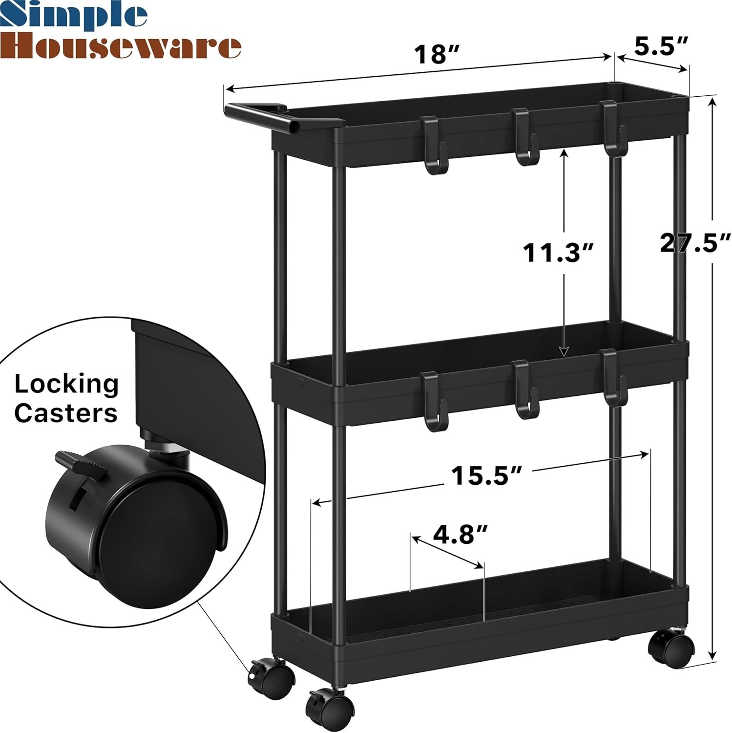 3-Tier Narrow Storage Cart with Wheels, Space-Saving Design