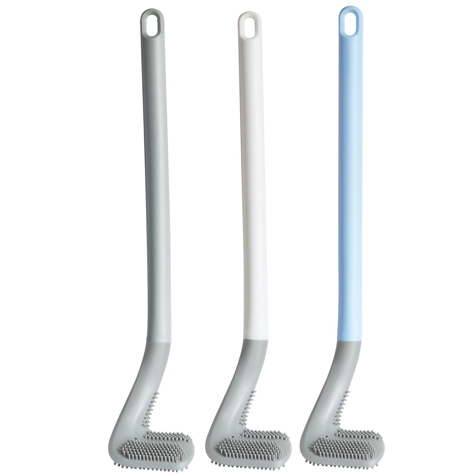 Kucucyle 3 Pack Golf Toilet Brush, Flexible Long Handled White + Blue + Grey