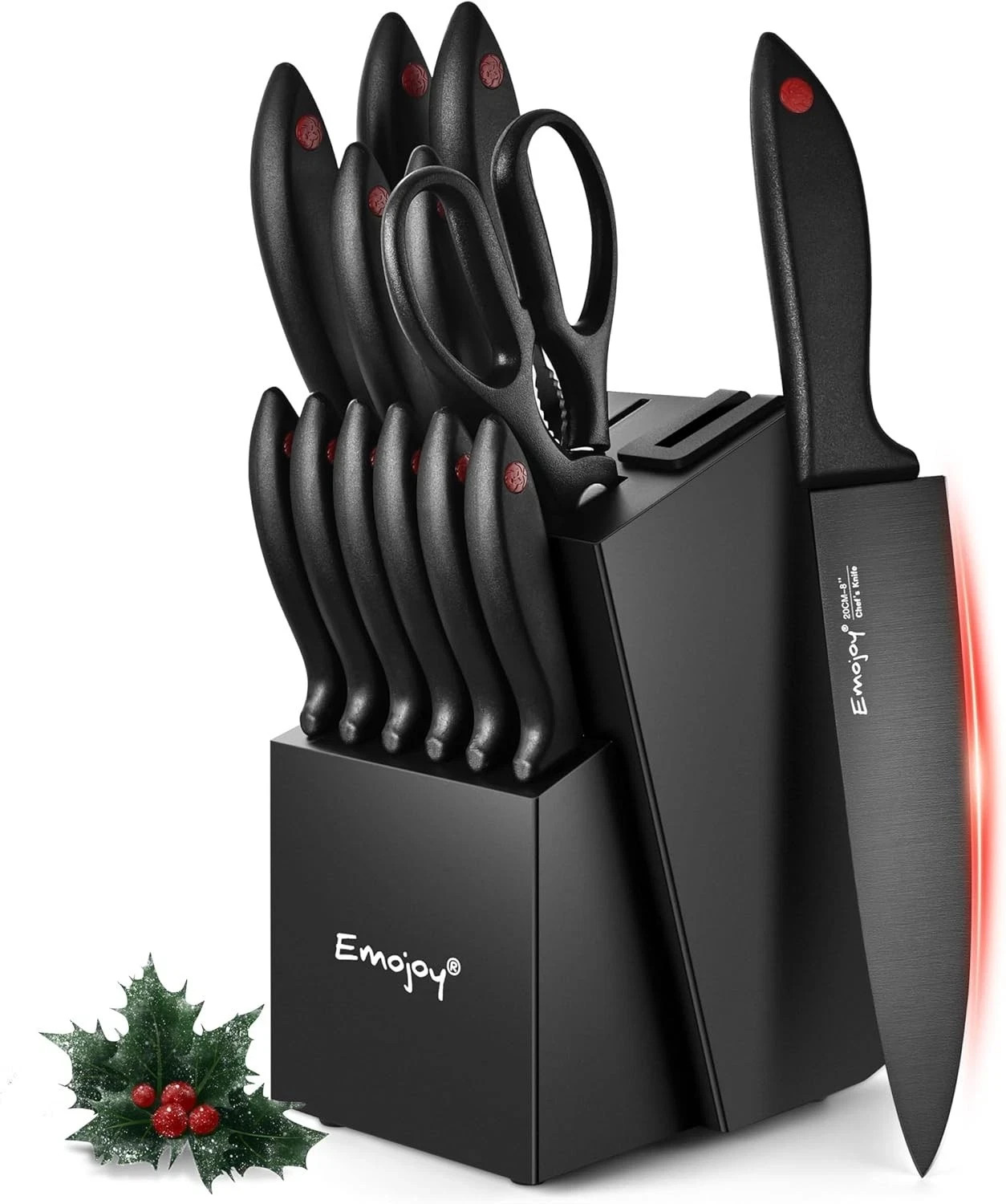 Knife Set, 15-Piece Kitchen Knife Set with Block Wooden German Stainless Steel