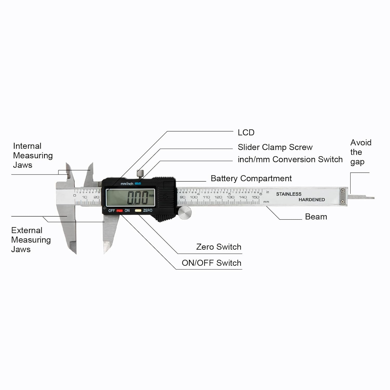 6 Inch Digital Caliper Measuring Tool Metal Ruler