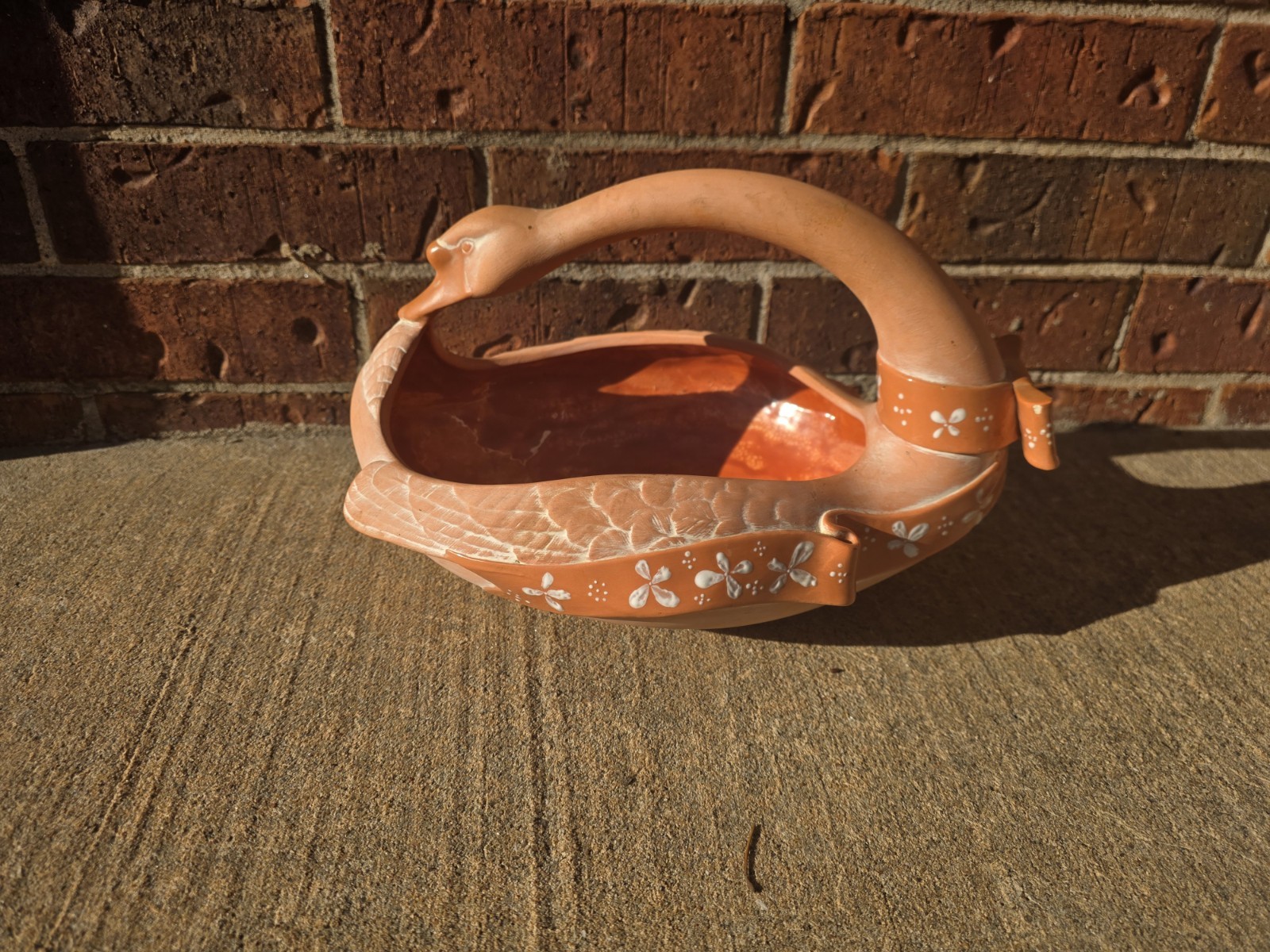Vintage 1985 Sittre Ceramic Terra Cotta Swan Basket Planter - Hand Painted 1986