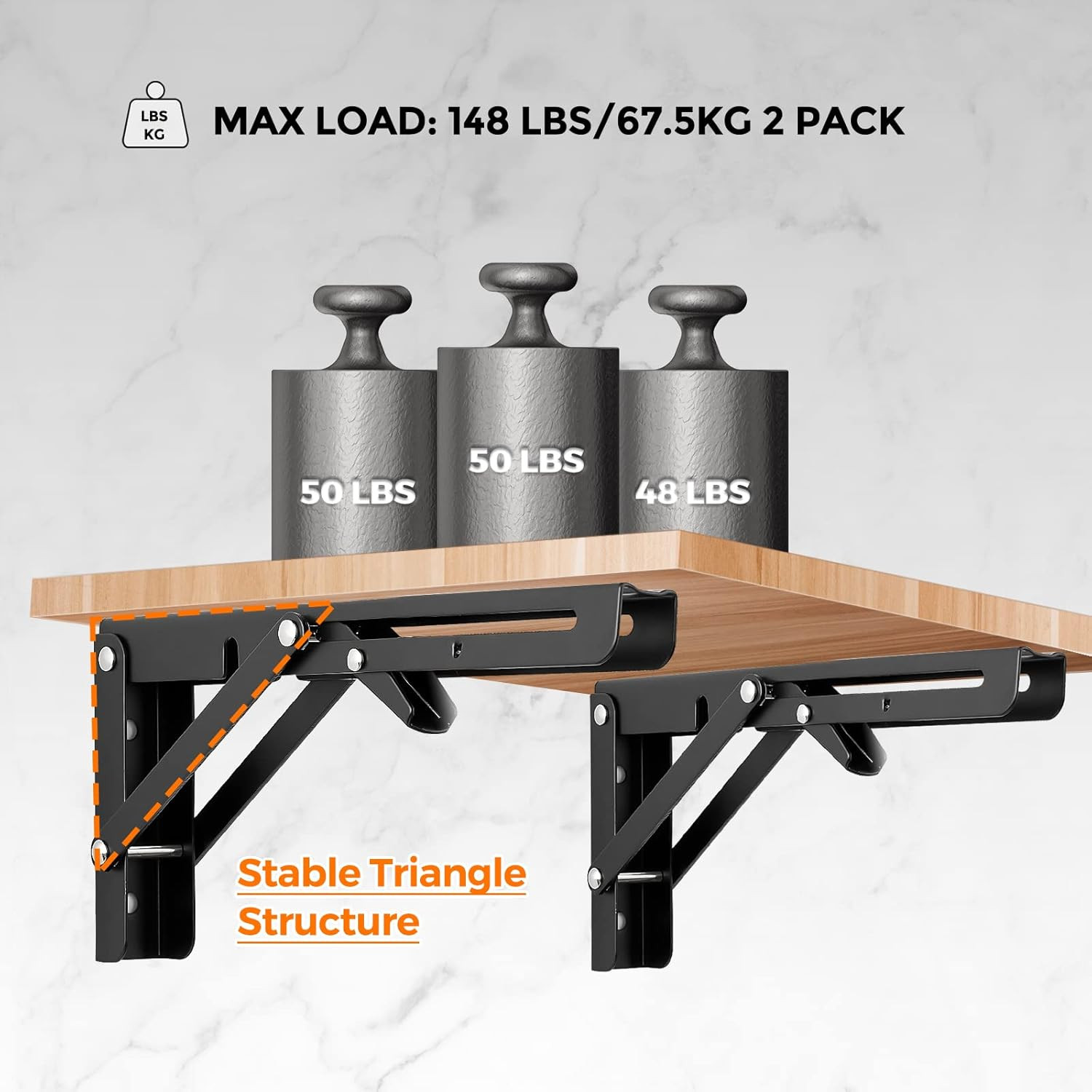 2 Pack 10 Inch Folding Shelf Brackets – Matte Black, Heavy Duty Collapsible B...