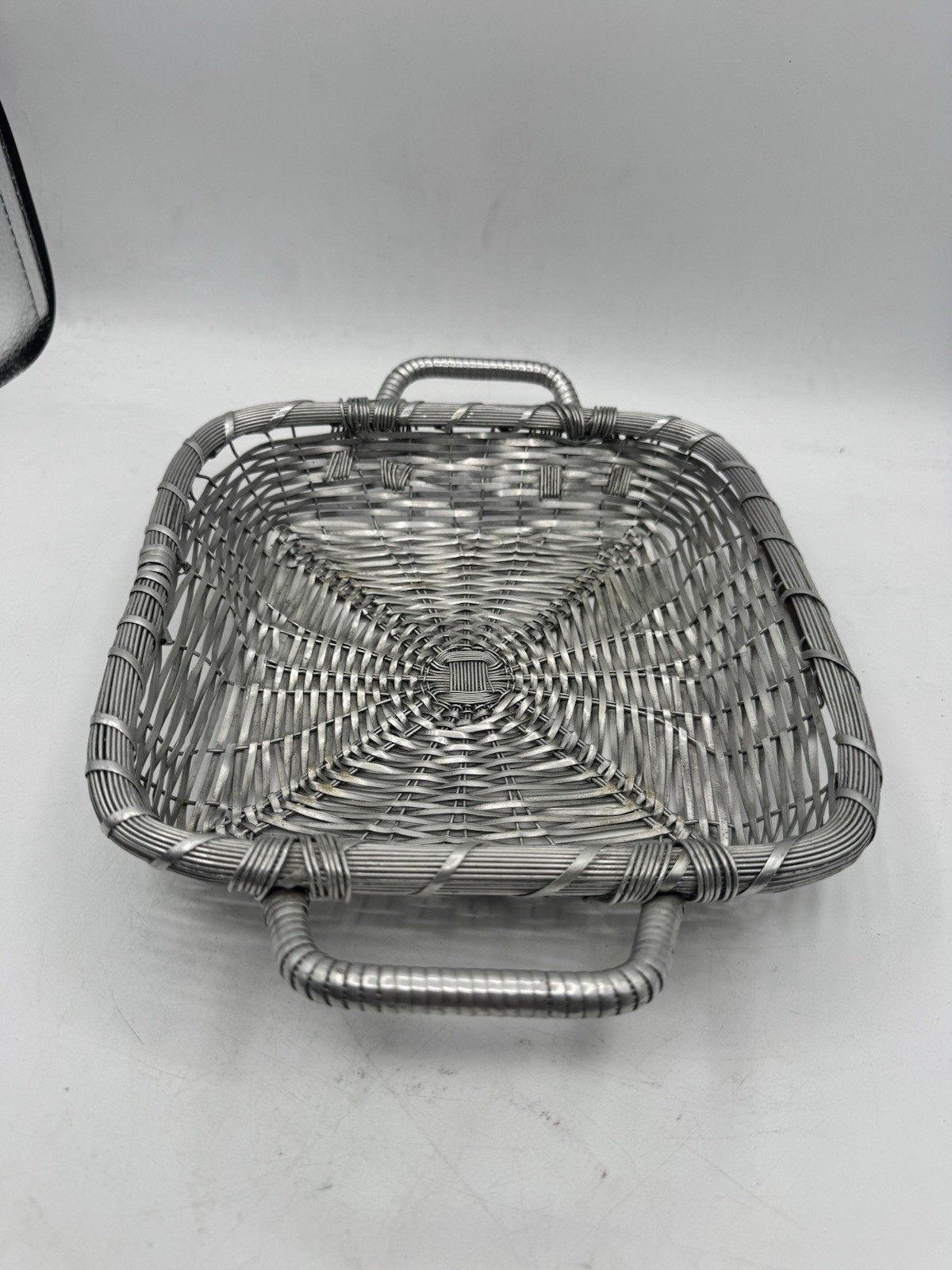 Metal Display Basket Silver Woven With Handles Rectangular 10 In x 10 In