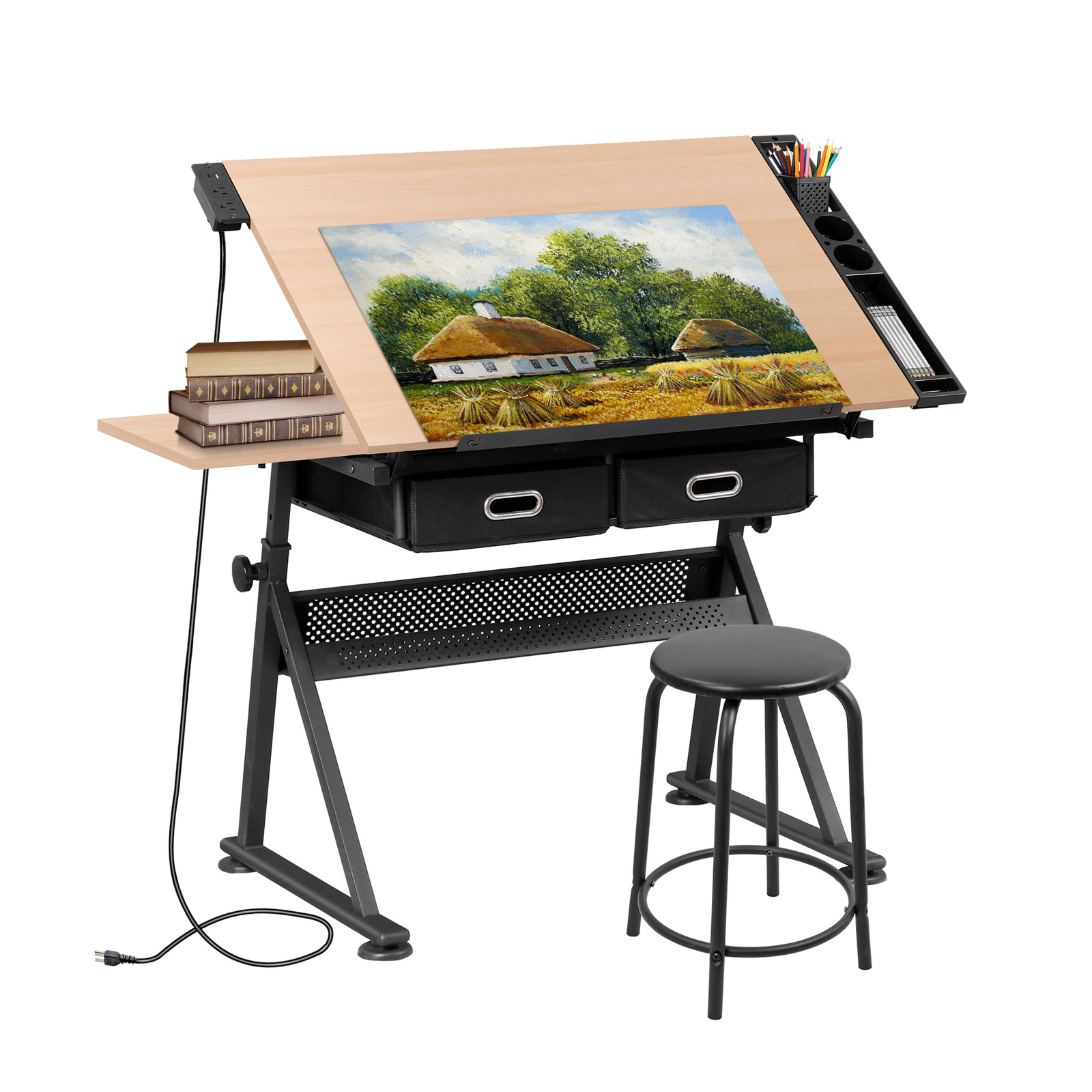 Drawing Drafting Table Stage Platform Adjustable Height W/ Stool Outlet Natural