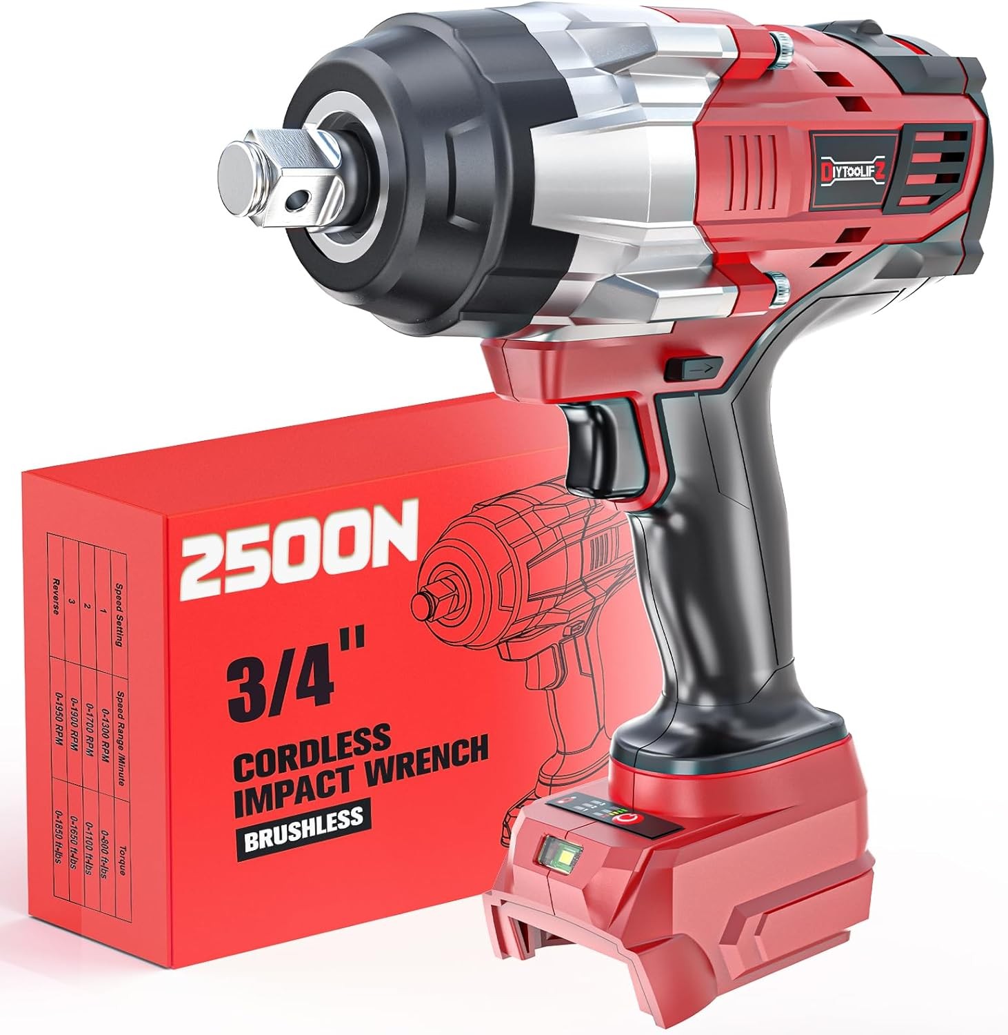 3/4 Cordless Impact Wrench 2500Nm Compact Portable 4 Speed Auto Reverse Tool Red