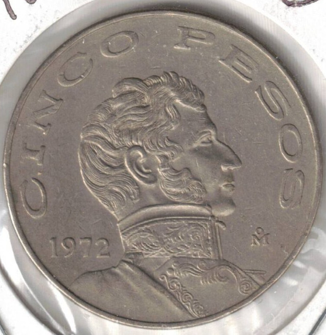 1972 Large Date Mexico Circulated Armored Bust & National Arms 5 Peso Coin1