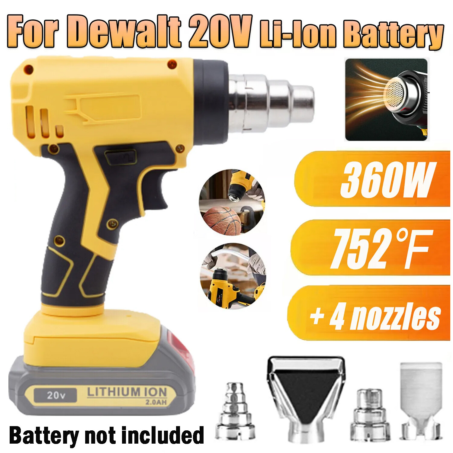 Heat Gun Hot Air Gun For Dewalt 20V Li-ion Battery w/4 Nozzles High Power Tools