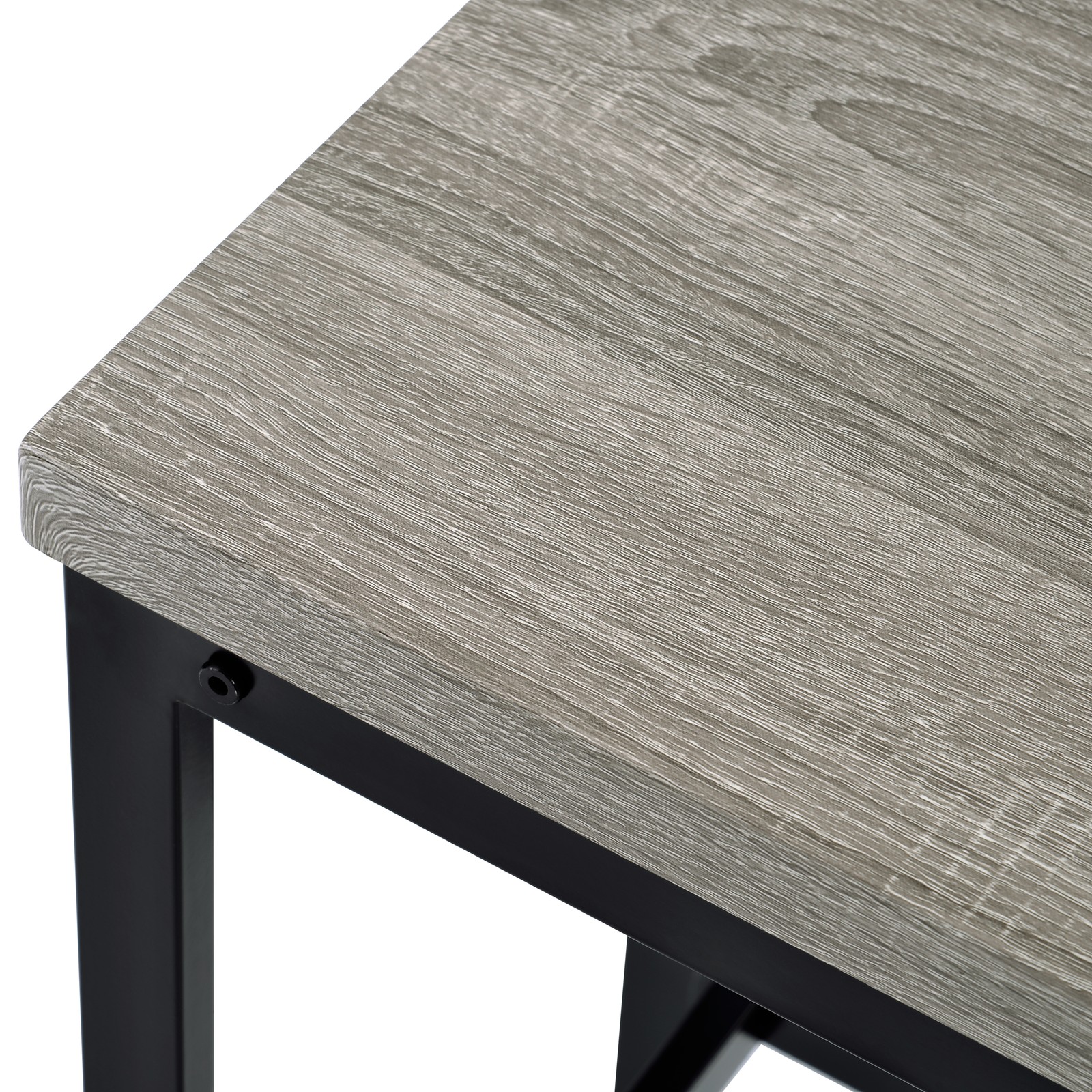 Three-piece set, long dining table with counter height and three stools, grey