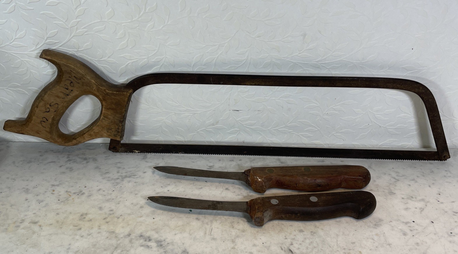 Vtg Butcher Meat Bone Hand Saw 16” Blade Adams Cast Steel Antique With Knife