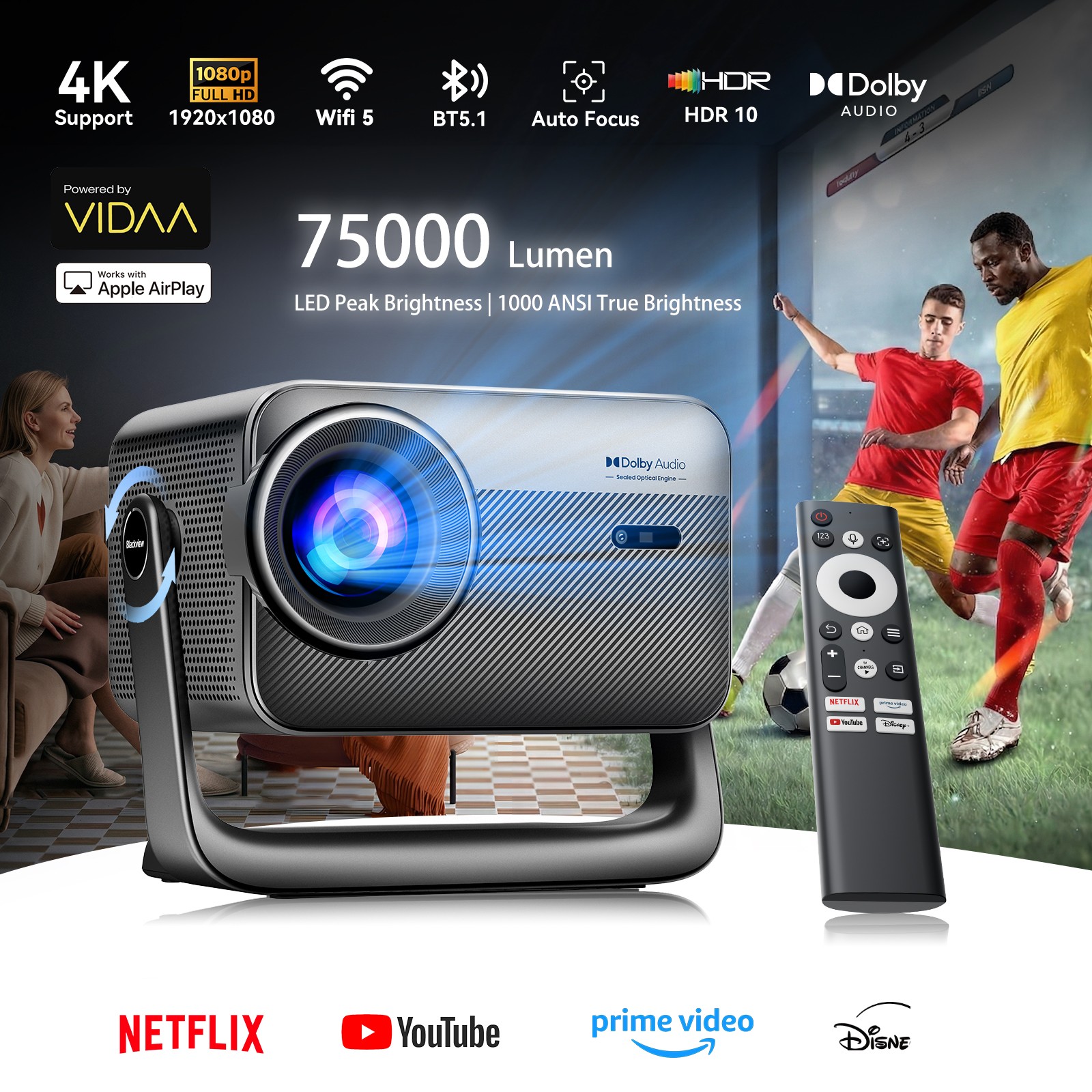 Blackview PV1000 Max Smart Projector 75000 Lumen 4K VIDAA‑OS WiFi 6 Bluetooth