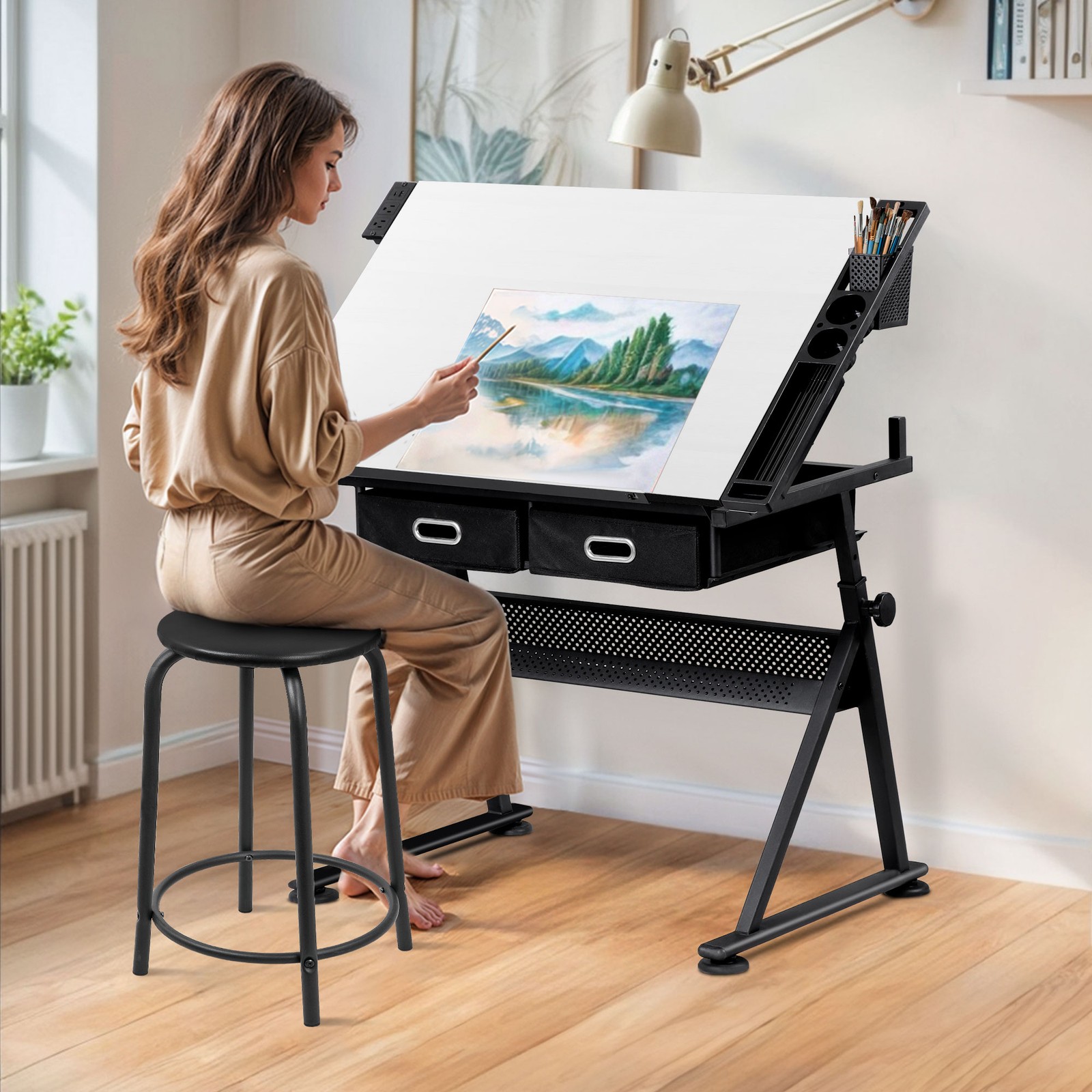 Adjustable Drafting Drawing Table Tabletop Tiltable w/ Stool & Outlet White