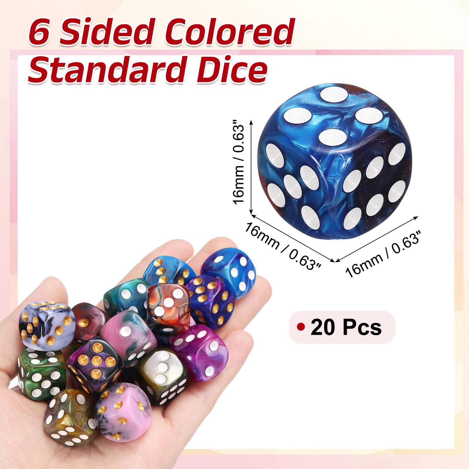 20Pcs 6 Sided Standard Dice, Acrylic D6 Pearl Pattern Dice (Red and Blue)