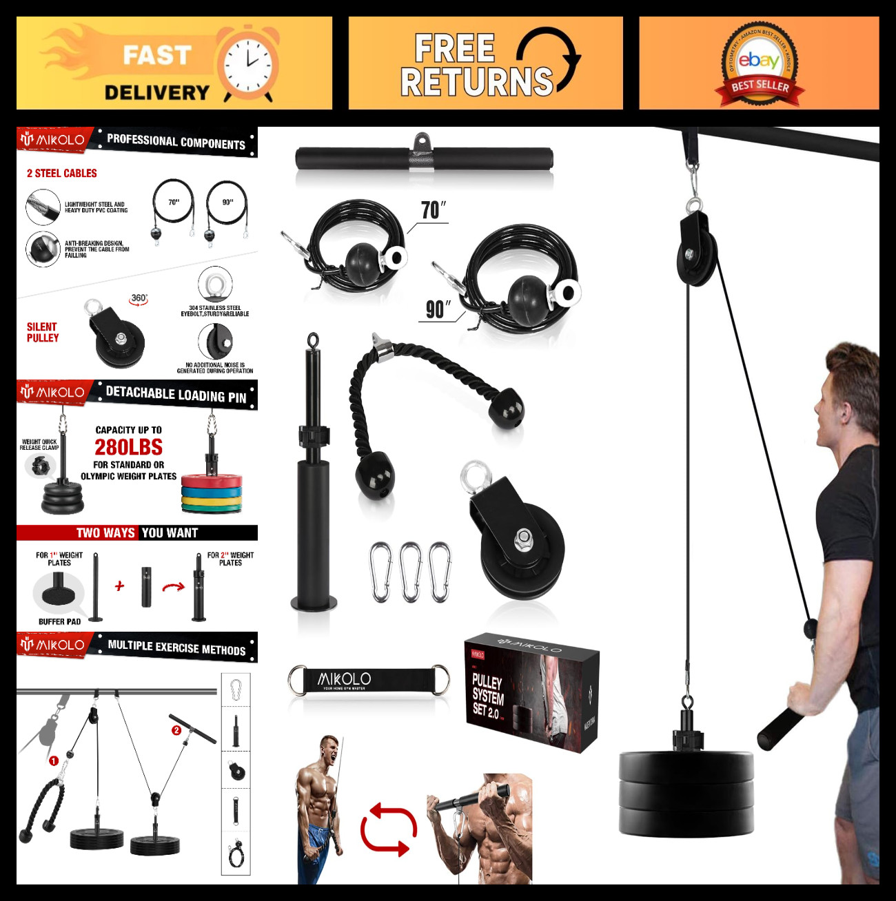 Dual Cable Pulley System with Upgraded Loading Pin for Home Gym - Triceps, Bicep