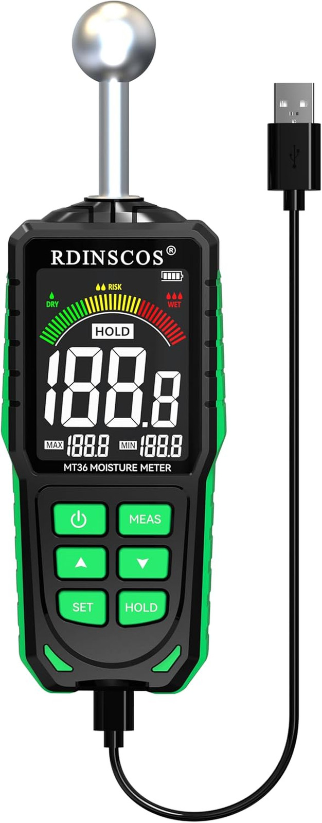 Rechargeable Moisture Meter for Walls | 5-40Mm Ball Moisture Detector, Color LCD