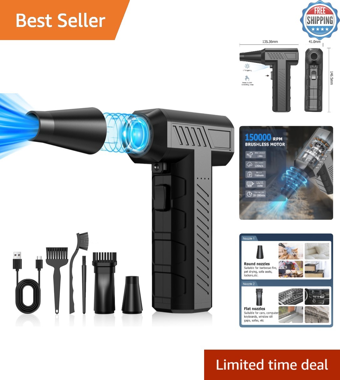 Versatile Cordless Air Blower with Multiple Nozzles for Superior Dust Removal