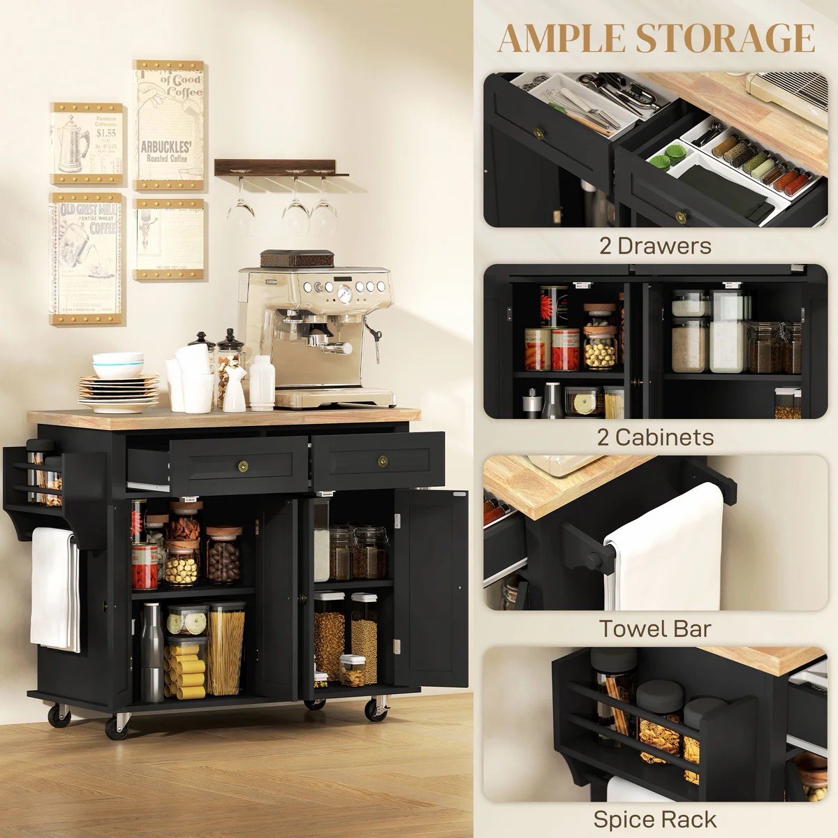 Kitchen Island Cart with Rubberwood Flip Top & Storage