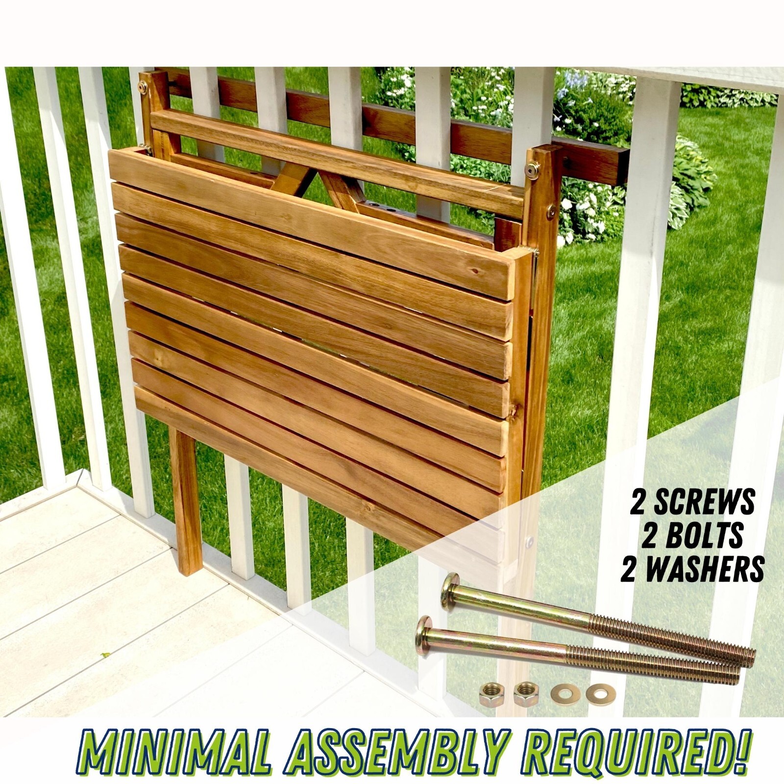 Patio Wise Outdoor Folding Acacia Wood Balcony Railing Table, Foldable Deck Bar